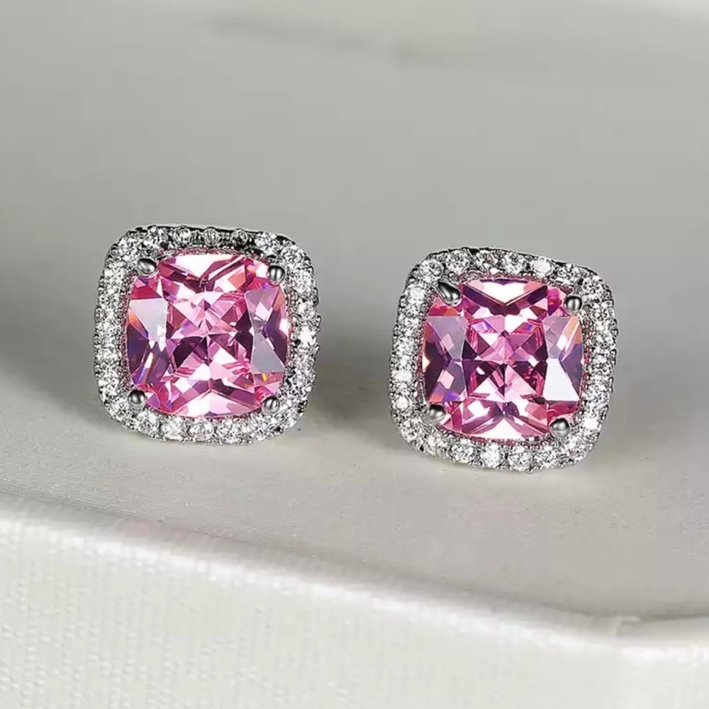 Simulated Pink Diamond cushion earrings - Picture 1 of 4